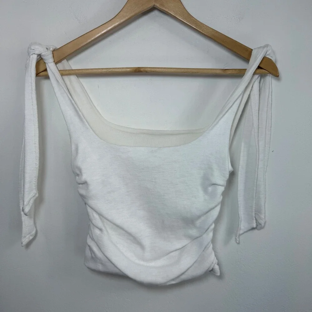 Free People Boulevard Tie Strap Tank Crop Top White Ruched‎ Cotton S Minimalist